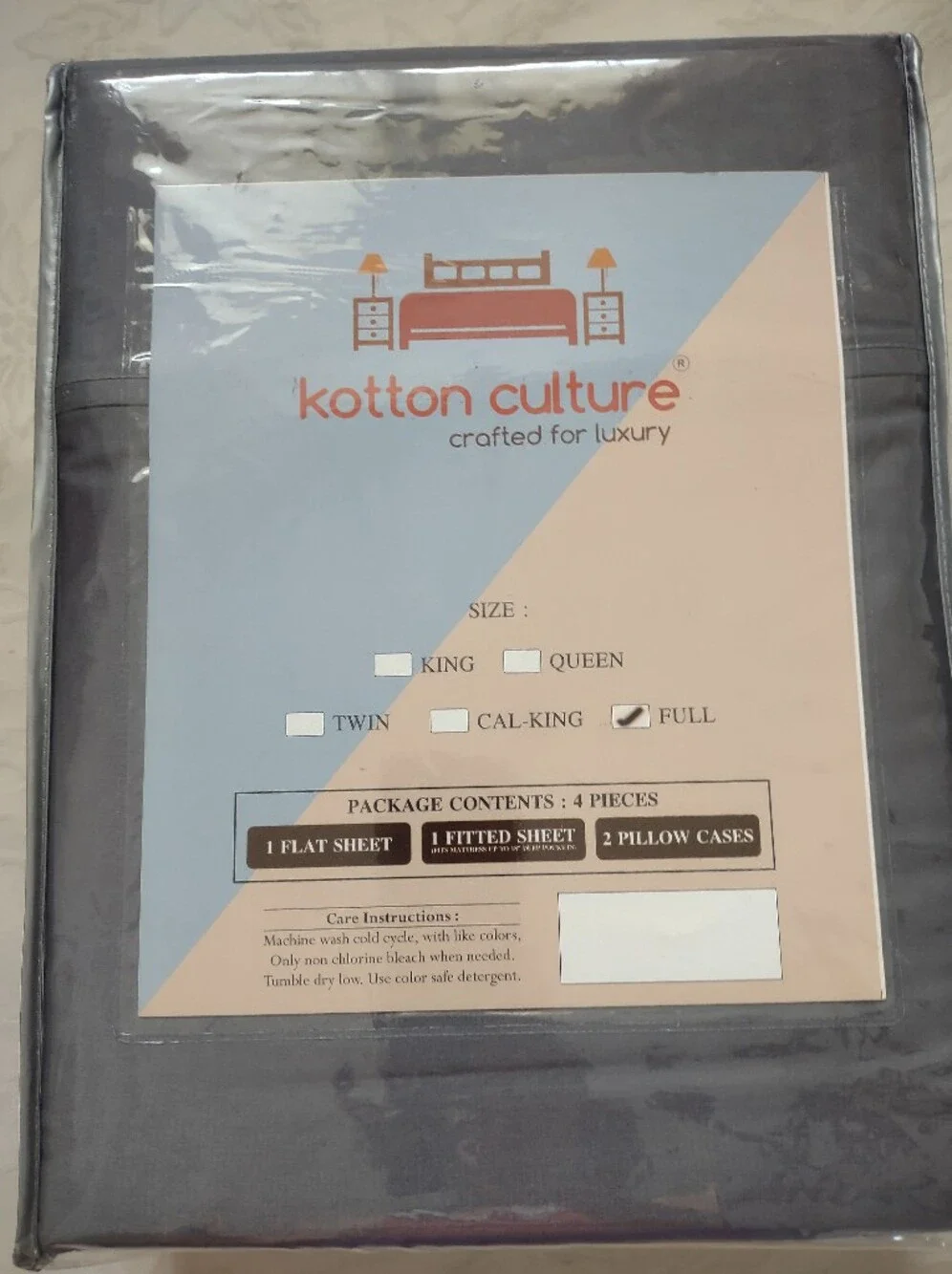 New 🆕 Kotton Culture Luxury 100% Egyptian Cotton 4 Piece Sheet Set Gray